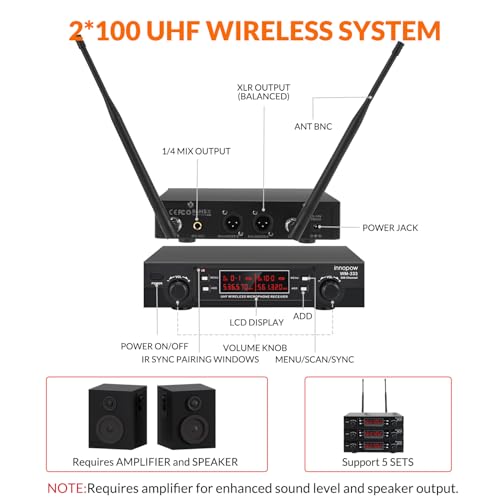 innopow 200-Channel Wireless Lavalier Microphone, Dual UHF Bodypack Cordless Lavalier Mic System Set, Auto Scan, Long Range 200-240Ft, 16 Hours Use Ideal for Speaking, Classroom 2023 333B…