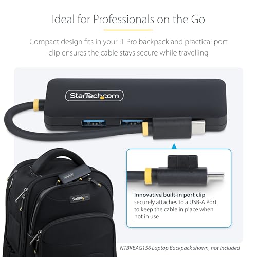StarTech 4-Port USB-C Hub 5Gbps with 4X USB-A, Mini (H5C4A-USB-HUB) | USB Powered USB 3.0 travel mini splitter, Portable, Wake on USB, Overcurrent Protection, 5in 13cm cable, Cable clip - size: 0.4 ft, style: USB-C