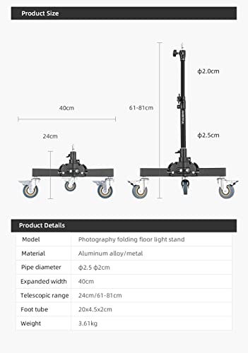 AMBITFUL Heavy Duty Light Stand with Casters, 21-31.9" Photography Tripod Stand with Adjustable Height -Foldable Design & 3 Locking Casters for Studio/Low-Angle Shooting, Softboxes & Studio Lights