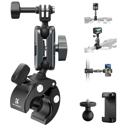 K&F CONCEPT Super Clamp Camera Mount with 360° Dual Ball Head, Bike/Motorcycle Handlebar Mount Compatible with DJI Action 6/5/4/3, Hero 13/12/11/10, 360 X5 X4 - style: Super Clamp with Phone Holder