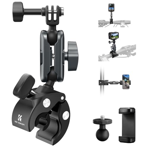 K&F CONCEPT Super Clamp Camera Mount with 360° Dual Ball Head, Bike/Motorcycle Handlebar Mount Compatible with DJI Action 6/5/4/3, Hero 13/12/11/10, 360 X5 X4 - style: Super Clamp with Phone Holder
