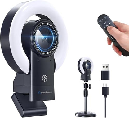 4K Webcam with Light, Web Cam with Speaker, Dual Noise Reduction Plug and Play, Web Camera for Desktop Computer, Auto-Focus, Privacy Protection, Webcam for PC Zoom Skype