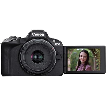 Canon EOS R50 Mirrorless Camera (Black) with RF-S 18-45mm F4.5-6.3 is STM Lens 5811C012 Bundle with Deco Gear Photography Bag + Microphone + Tripod + Photography Pro & Accessories Kit - color: Black