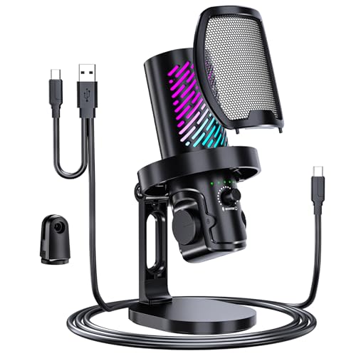 tenlamp RGB USB Gaming Microphone for PC, Streaming & Podcast, Cardioid Condenser Mic with Noise Reduction, Touch Mute, Headphone Monitoring, Gain Control, Plug & Play for Mac Phone