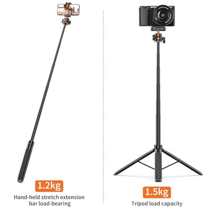 VRIG TP16 Camera Tripod, 55" Extendable Phone Selfie Stick Camera Tripod Stand with 2 in 1 Phone Clip, 5 Levels Adjustment 360° Ball Head Loads Up for DJI OSMO Pocket 4/3 Insta360 X5 iPhone Sony Canon - color: A0085