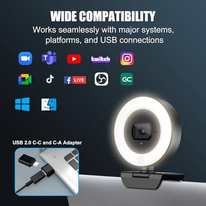 4K Webcam with Ring Light, PDAF Autofocus Streaming Camera for PC | 1080P 60FPS, Built-in Privacy Cover, Dual Omnidirectional Mics, USB Plug-and-Play for Zoom,Laptop,Conference,Meeting,Desktop