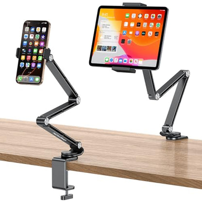 OMOTON Tablet Stand for iPad with 360° Rotation, GH03 Aluminum Alloy Long Arm Phone Mount with 2 Plastic Clamps (Phone & Tablet), Adjustable Holder for 4-13" iPad Pro/iPhone, Black - color: Black