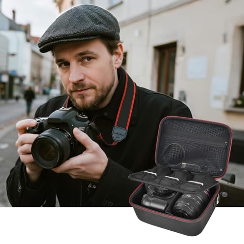 Comecase Hard Camera Case for Canon R50/R100/T7, for Sony A6400/ZV-E10 | Small Camera Bag with Hard EVA Shell, Adjustable Dividers, 6 Battery/SD Organizer Slots and Shoulder Strap, case only, Black - color: Black+Red Zipper