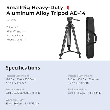 SMALLRIG 73''/186cm Heavy Duty Aluminum Alloy Video Tripod, Max Load 8kg (18lbs), Fluid Head with +85° to -78 Tilt Range, Compact Travel Tripod Weight 3.1kg(6.8lbs), Folded Height 88cm, AD-14