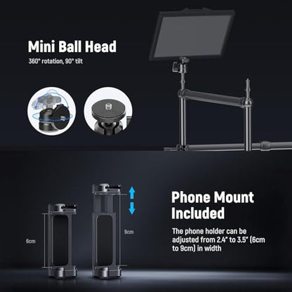 NEEWER Overhead Camera Mount Rig with Dual Ball Head Super Clamp/Phone Holder/C Clamp for Desktop Top Down Shots, Metal Multi Device Mount Platform for Photography Live Streaming Video Making, NK003