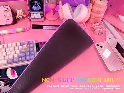 JMIYAV Pink RGB Gaming Mouse Pad 31.5x12 Inch PC XL Large Extended Glowing Led Light Up Desk Pad Non-Slip Rubber Base Computer Cute Mousepad Mat Desk Accessories Gaming Setup 104 - color: Cyber Meow