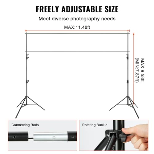 VEVOR 11.5 x 9.6 ft Heavy Duty Backdrop Stand, Height Adjustable Photography Backdrop Stand, Background Support System with 6 Clamps and A Carry Bag, for Party, Wedding, Display, Photo - size: 10 x 12 Ft