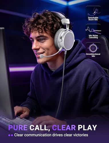FIFINE Open Back Gaming Headset with 7.1 Surround Sound - Dual Wired USB/3.5mm Connection - USB Control Box - Detachable Mic, Over Ear Headphone for PC, PS4/5, Xbox, Switch, Mobile - H18V Lite WP - color: White and purple