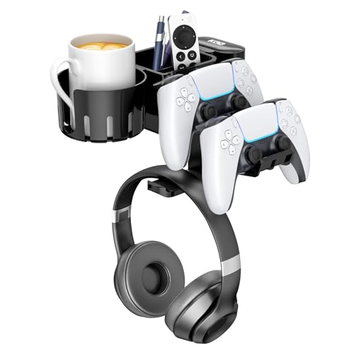KDD 5 in 1 Desk Controller Holder - Rotating Headphone Hanger with Cup Holder - Clamp On Desk Organizer Holds Controller, Headphone, Cup, Mobile Phone and Pen(Black)