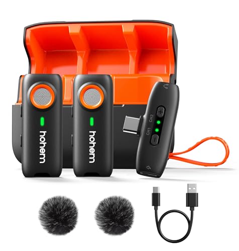 hohem MIC-01 Wireless Lavalier Microphone, Noise Cancellation,48kHz 328ft Range, 20 Hours Battery, Wireless Microphone for Android, PC, Camera, Video Recording (2TX + 1RX + Charging Case) - color: Type-C