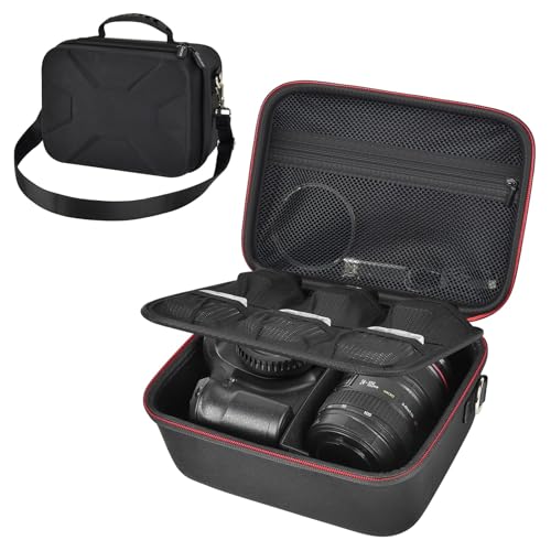 Comecase Hard Camera Case for Canon R50/R100/T7, for Sony A6400/ZV-E10 | Small Camera Bag with Hard EVA Shell, Adjustable Dividers, 6 Battery/SD Organizer Slots and Shoulder Strap, case only, Black - color: Black+Red Zipper