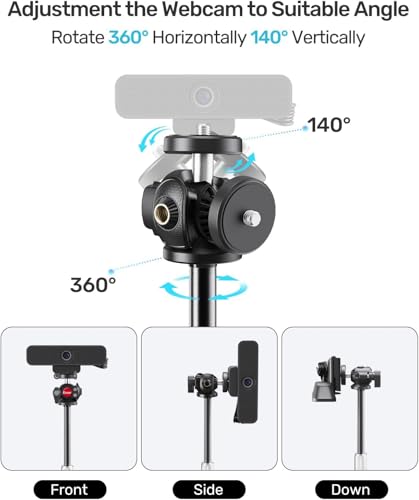 Webcam Tripod Stand for Desk, Newly Upgraded Small Base & 360° Ballhead & Height Adjustable, Ideal for Logitech Webcam C922 C930e C920 C615 C960 BRIO 4K NexiGo N60, Phone Holder with 1/4" Thread - size: 9.2–15.5"H (5.91" dia base)