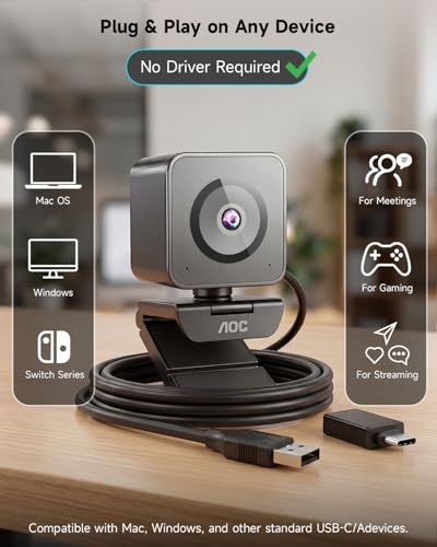 AOC 4K Webcam for PC with Sony Sensor, 1080P 60FPS Streaming Camera with PDAF Autofocus, Privacy Cover, Plug & Play Computer Camera 75° FOV for Zoom/Mac/Switch 2, Includes Tripod & USB A-C Adapter