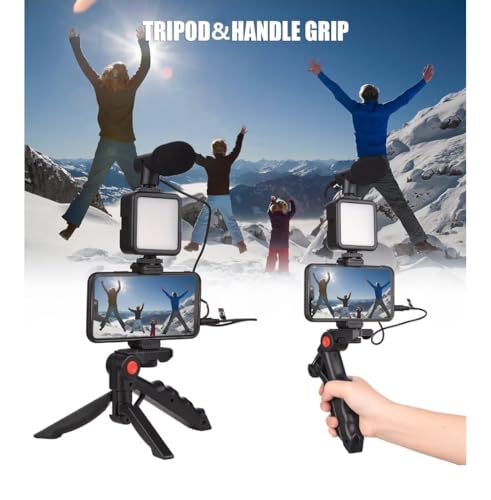 Smartphone Vlog Kit with Mini LED Light, Microphone, Extendable Phone Clip, Tripod, and Adjustable Brightness for Live Streaming, Selfies, Tiktok, YouTube, and Podcast (Phone/Android)