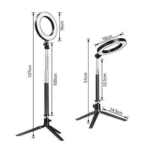 LED Ring Light with Stretchable Tripod Stand Selfie Stick, 6-inch Dimmable Floor/Table Annular Lamp for Selfie, Makeup, Live Stream, YouTube, Vlog, Camera/Phone Video Shooting USB Plug - color: Black-6''