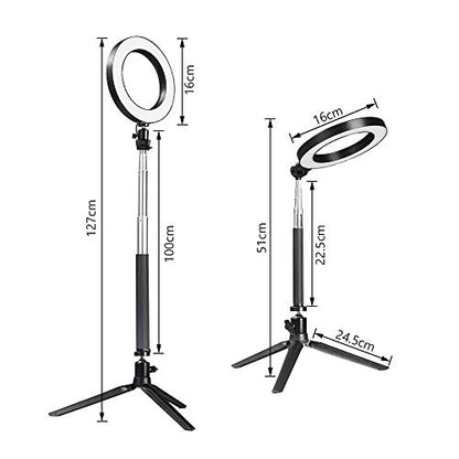 LED Ring Light with Stretchable Tripod Stand Selfie Stick, 6-inch Dimmable Floor/Table Annular Lamp for Selfie, Makeup, Live Stream, YouTube, Vlog, Camera/Phone Video Shooting USB Plug - color: Black-6''