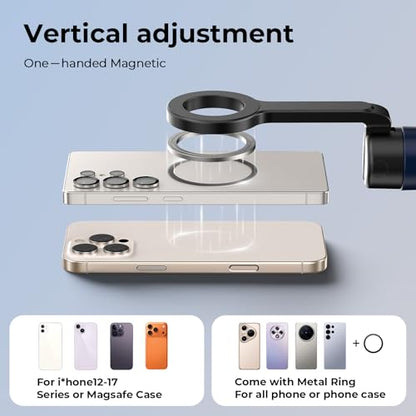 Kaitezenz Auto-Open Magnetic Selfie Stick Tripod for iPhone MagSafe, 71" Cell Phone Tirpod Stand with Metal Ring & Rechargeable Remote for Video Recording Vlogging Black