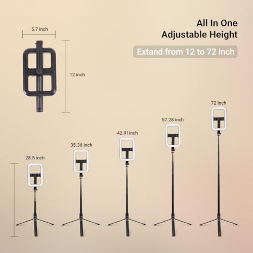 NEEWER Basics 10W Selfie Light with Tripod Stand, 1200mAh LED Square Ring Lighting, 72" Selfie Stick Phone Holder Compatible with iPhone, CRI90 3 Modes Remote for Travel Vlog Video Recording, NL100B