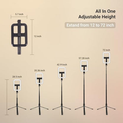 NEEWER Basics 10W Selfie Light with Tripod Stand, 1200mAh LED Square Ring Lighting, 72" Selfie Stick Phone Holder Compatible with iPhone, CRI90 3 Modes Remote for Travel Vlog Video Recording, NL100B