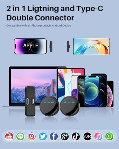 Caiord 2Pack Wireless Lavalier Microphone for iPhone iPad Android with Charge Case, Mini Clip/Magnetic Microphones for Lightning/USB-C Video Recording, Vlogging, YouTube, Interviews, 100FT - style: Cylindrical