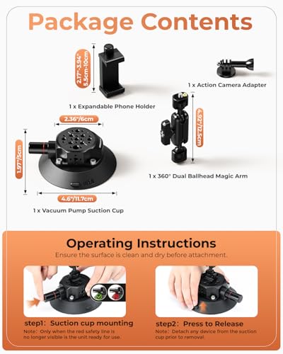 CAMBOFOTO 4.6" Camera Suction Cup Mount with Ball Head Magic Arm, Car Mount with Action Camera Adapter and Phone Holder, Compatible with DSLR Cameras Sony, Canon, Nikon/Phone/DJI/Insta 360