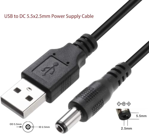 5.5X2.5mm USB to DC Power Cable 5V 3A Barrel Jack Charging Short Cable 1M/3FT Black Cord 3 Pack