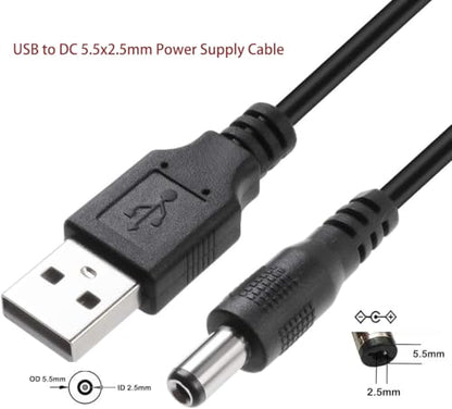 5.5X2.5mm USB to DC Power Cable 5V 3A Barrel Jack Charging Short Cable 1M/3FT Black Cord 3 Pack