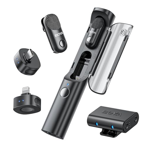 BOYA Magic Wireless Mini Microphones for iPhone/Android/PC/Camera, 4 Form-in-1 Mic, 7g Lightweight,AI Noise Reduction, 48kHz/24bit,APP Control, 328ft Range,Microphone for Recording(Stand not included) - size: Type-C&Lightning&Camera