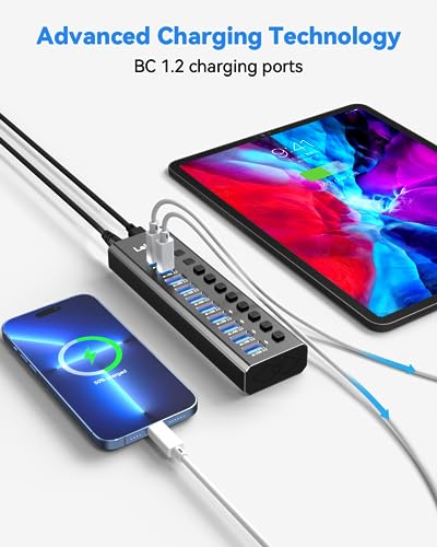 Powered USB Hub 3.2, LEINSIS 10-Port USB 3.2/USB C Hub (10Gbps USB-A 3.2 +2 USB-C 3.2 +7 USB 3.0 Ports) with Individual On/Off Switches and 12V Power Adapter, Aluminum USB Hub Powered for Laptop PC - size: 10-Port USB 3.2 Hub