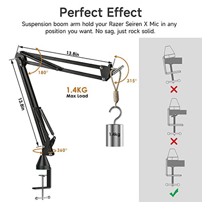 Razer Seiren X Mic Boom Arm Stand with Mic Foam Cover - Suspension Mic Stand and Windscreen with 2 pcs Cable Sleeve Compatible with Razer Seiren X Streaming Microphone - color: Razer Mic Stand