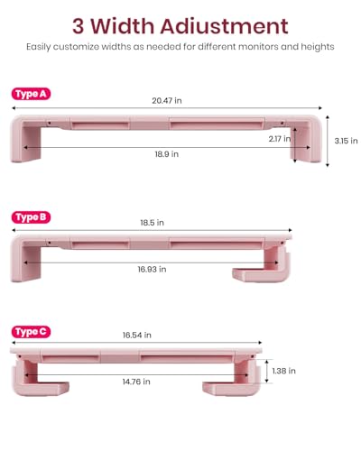 Pink Monitor Stand Riser, Klearlook Foldable, Height Adjustable Computer Stand, Desk Shelf Riser with Storage Drawer &Tablet Phone Stand for Desktop, Laptop