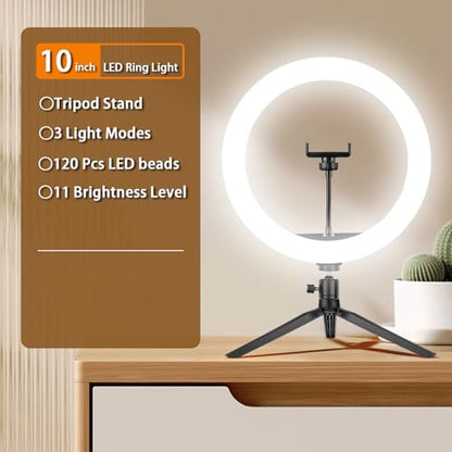 10" Desk Ring Light with Tripod Stand, 3 Light Modes & 11 Brightness Level, Adjustable Selfie Phone Halo Light with Cell Phone Holder for Video Recording, Makeup, Computer Laptop Zoom Meeting