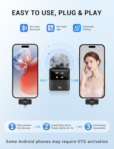 Mini Wireless Lavalier Microphone for iPhone, iPad, Android Phone, Noise Reduction Plug and Play Magnetic Clip on Lapel Mic for Video Recording Podcast Vlogging