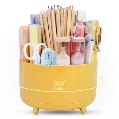 SKYDUE 360 Degree Rotating Desk Organizer, Dual-Purpose Pencil Pen Holder, Rotating Desk Pen Organizer with 5 Slots, Pencil Cup for Office, School, Home - color: Yellow