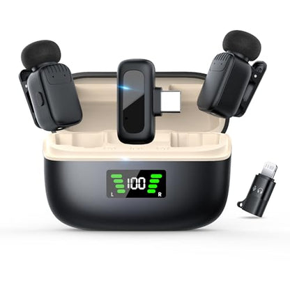 Mini Wireless Lavalier Microphone for iPhone/Android/PC with USB-C Plug, Noise Reduction, 25H Battery Life with Charging Case, Plug & Play, Tiny Mics for Vlogging & Podcast