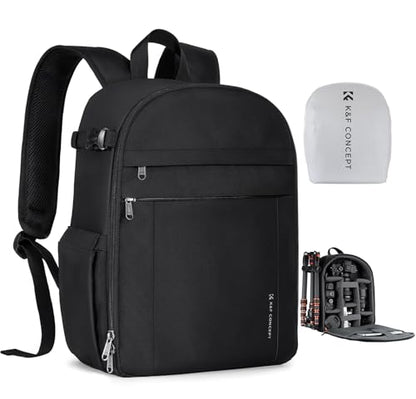 K&F CONCEPT Lightweight Camera Backpack Bag, Professional Photography Bag Compatible with Canon/Nikon/Sony Camera and Lens Accessories, Camera Case with Tripod Strap & Rain Cover - color: 01-Light Black