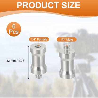 PATIKIL Camera Spigot Screws Converter 1/4" to 1/4" Female to Male, 6 Pack Tripod Screw Adapter Spigot Stud for Light Stand Hot Shoe Cold Shoe Adapter Ball Head Flash, Silver