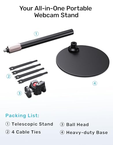 Webcam Tripod Stand for Desk, Newly Upgraded Small Base & 360° Ballhead & Height Adjustable, Ideal for Logitech Webcam C922 C930e C920 C615 C960 BRIO 4K NexiGo N60, Phone Holder with 1/4" Thread - size: 9.2–15.5"H (5.91" dia base)