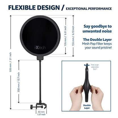 IXTECH Pop Filter for Mic Pop Filter for Blue Yeti Microphone Pop Filter Mic Pop Filter Dual Layered Sound Shield Guard Windscreen with a Flexible 360 Degree Gooseneck Clip Stabilizing.