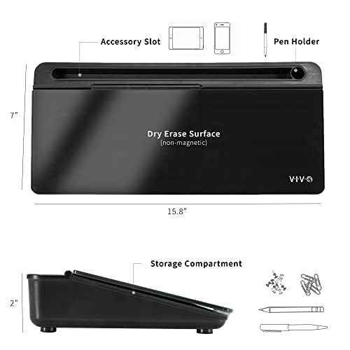 Vivo Glass 16 x 7 inch Dry Erase Board with Storage, Desktop Whiteboard Organizer with Hidden Compartments and Device Slot, Black, DESK-WB16B - color: Black