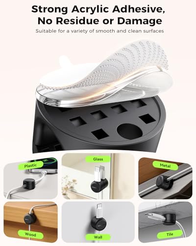 Rocoren 50 PCS Cable Management Kit 10 Magnetic Rotatable Cable Clips,40 Reusable Velcro Cord Organizer Straps, Cord Holder Accessories for Under Desk,Nightstand,Home and Office