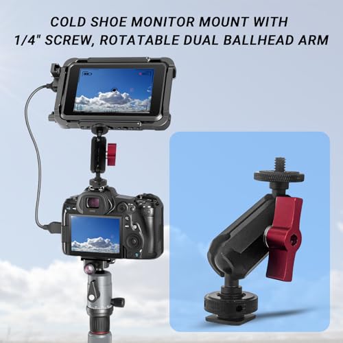 Cold Shoe Monitor Mount with 1/4" Screw, Rotatable Dual Ballhead Arm for LED Monitor Microphone, Compatible with DJI Osmo Action 6/5 Pro/4/3, Osmo 360, Insta 360 X5/X4 (Cold Shoe Monitor Mount)