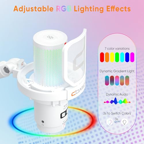 COMICA EJoy Uni Pro Wireless USB Condenser Gaming Microphone for PC, PS4, PS5, USB C Phone and Mac, Boom Arm RGB Computer Mic for Twitch, Streaming, Podcasting, Noise Cancellation Mic with Mute, Gain - color: White