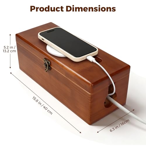 Cable Management Box with Latch, Soild Wood Cord Box with 4 Open Slots, Cable Box to Hide Cords and Power Strip - size: Large