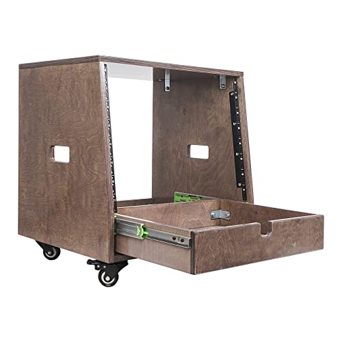Sound Town 8U DIY Solid Baltic Birch Plywood Slanted Studio Rack with 8U Rack Space, Extra 2U Drawer, Rubber Feet, Casters, Weathered Brown (SDRK-8TBD2) - size: 8U, Weathered Brown, Slanted w/ Drawer